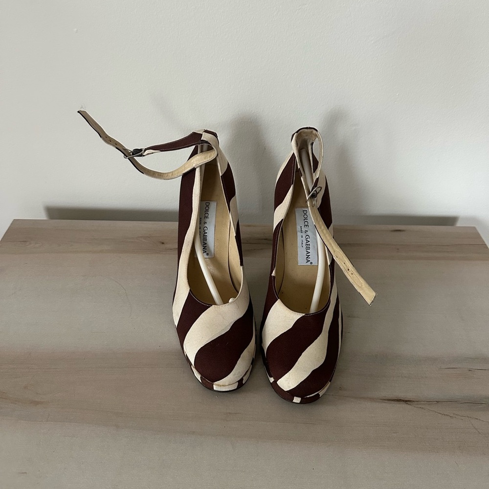 Dolce & Gabbana Brown and Cream Striped Ankle-Strap Peep-Toe Heels